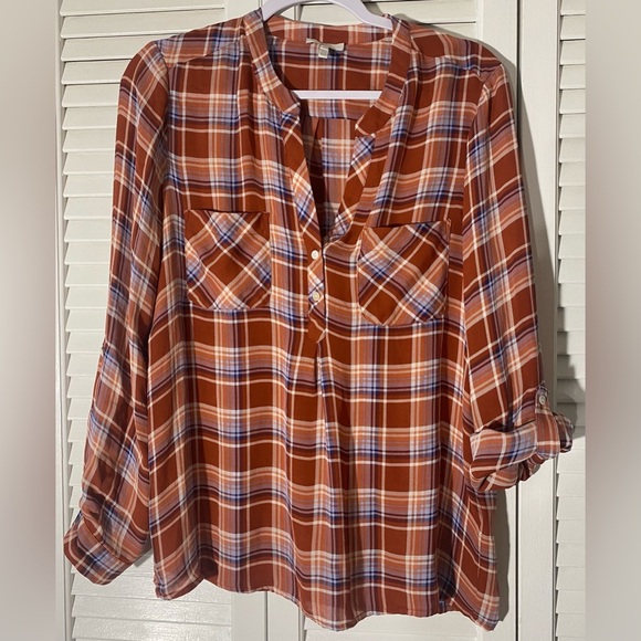 Joie Nelia Terracotta Rose Plaid Blouse, Size M, 100% Silk, Half Button Up - Picture 1 of 7